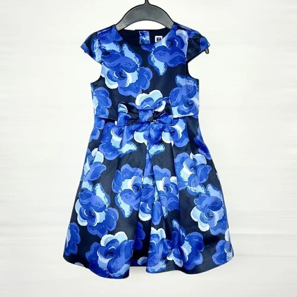 JANIE and JACK Blue Blossom Floral Satin Formal Dress Cap Sleeves Bow Detail 4